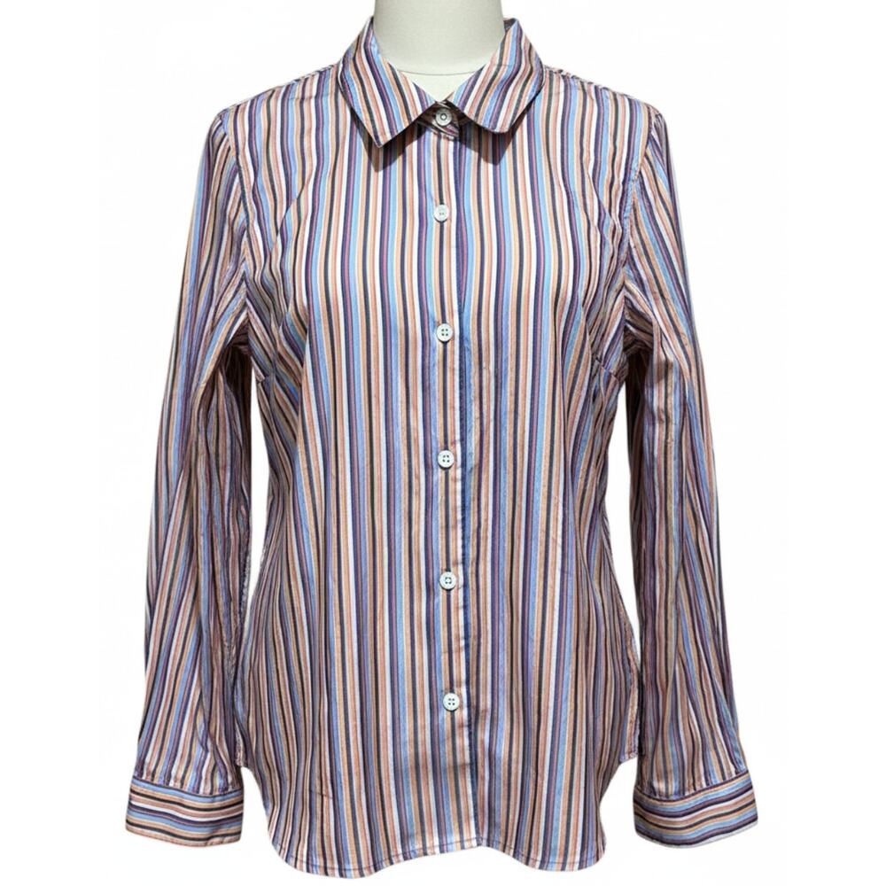 City Blues By Koret Shirt M Blue Orange Striped Button Up Long Sleeves Preppy